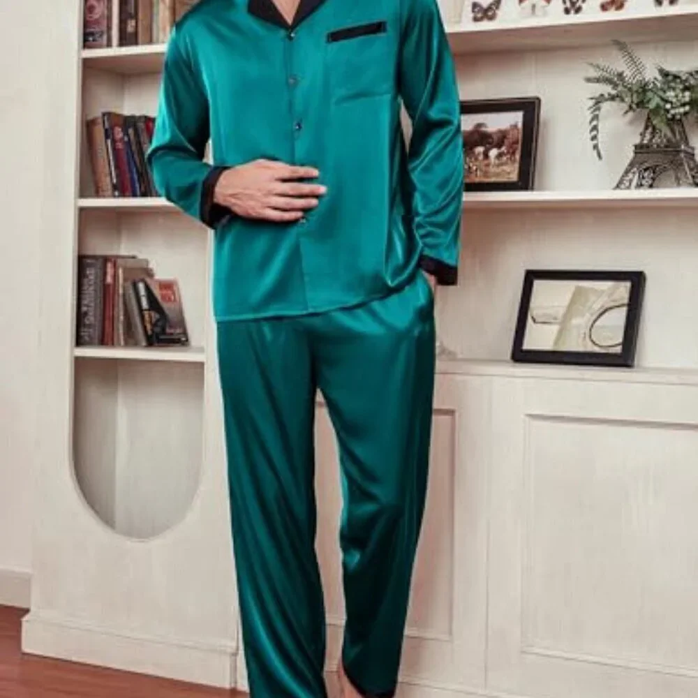 Men's Silk Pajama Set Classic Button Down Sleepwear Satin Loungewear